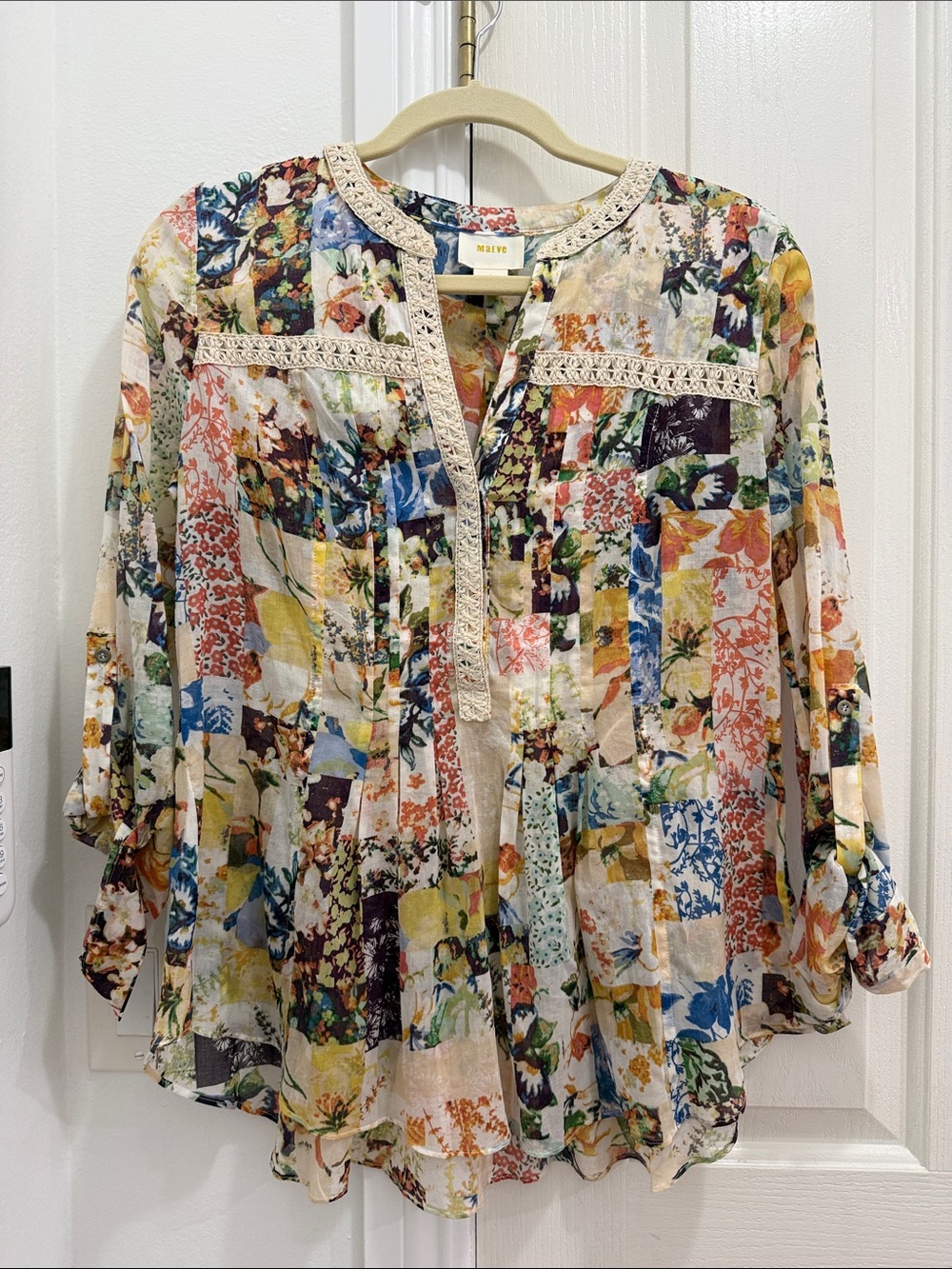 Maeve Cream Multicolor Patchwork Floral Peasant Top